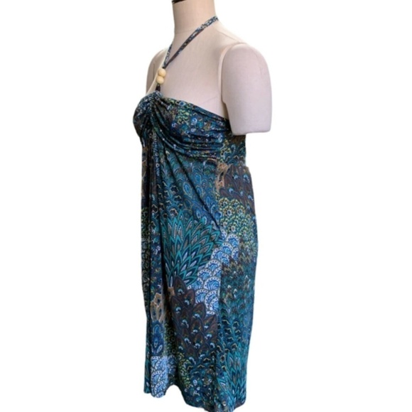 Hypnotik Halter Dress Beaded Strap Sz L Exotic Peacock Floral Print #252G - Picture 2 of 7